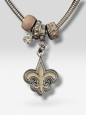 NWT Euro Bead Fleur-de-Lis Necklace Silver Rhinestone Charms NFL Saints Fan Gift